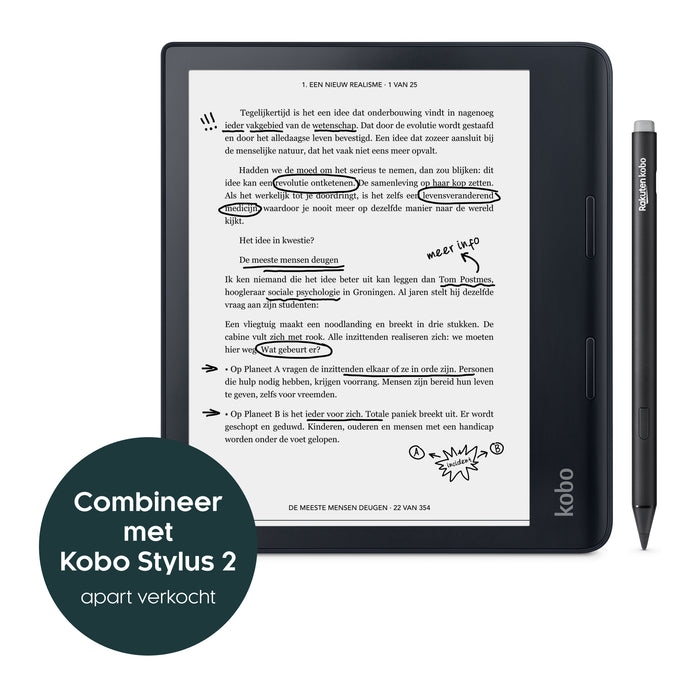 Zwart Kobo Sage vooraanzicht gecombineerd met zwarte Kobo Stylus, apart verkrijgbaar.