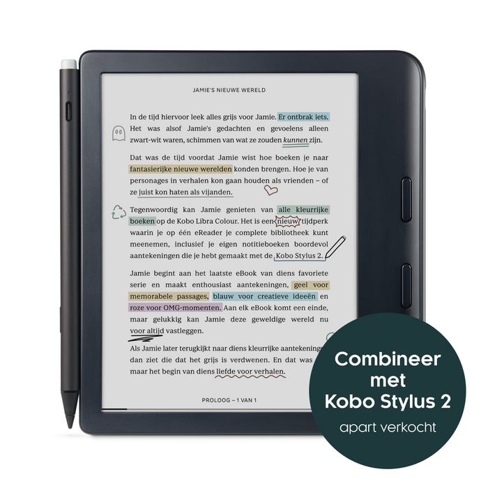 Zwarte Kobo Libra Colour vooraanzicht, gecombineerd met zwarte Kobo Stylus 2, afzonderlijk verkrijgbaar.