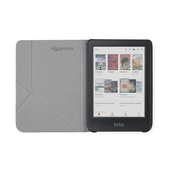 Kobo eReader in een open Nevelgroene Kobo Clara Colour/BW SleepCover origami vouw vooraanzicht.