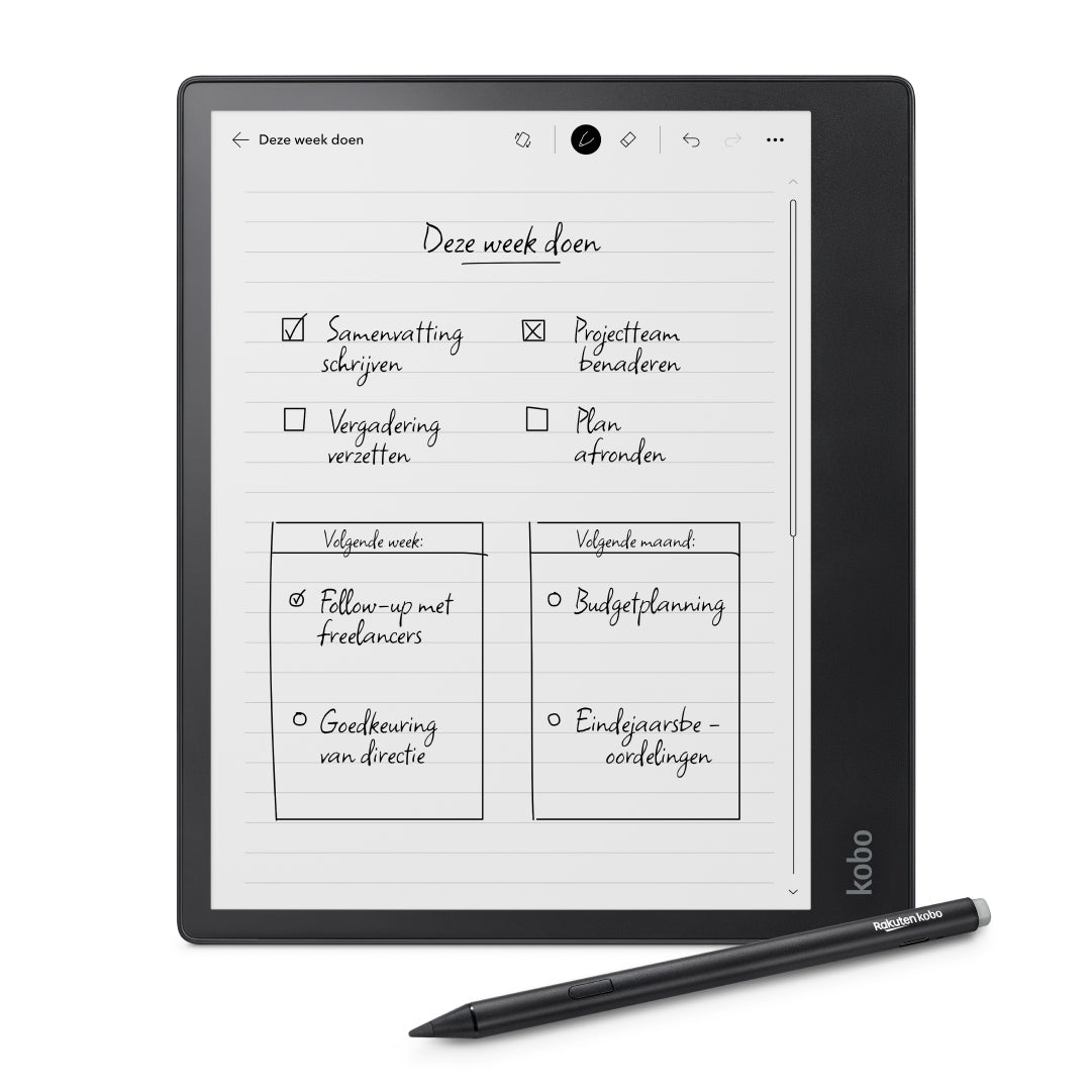 Zwart Kobo Elipsa 2E vooraanzicht met zwarte Kobo Stylus 2.