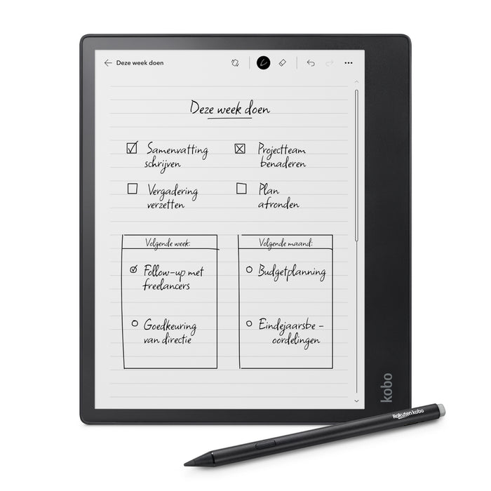 Zwart Kobo Elipsa 2E vooraanzicht met zwarte Kobo Stylus 2.