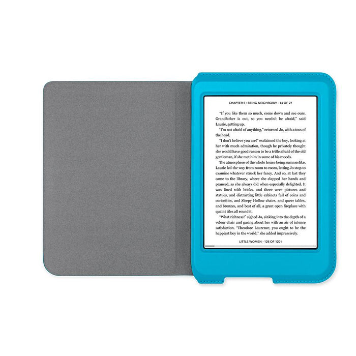 Kobo Nia in een geopende Aqua Kobo Nia SleepCover.