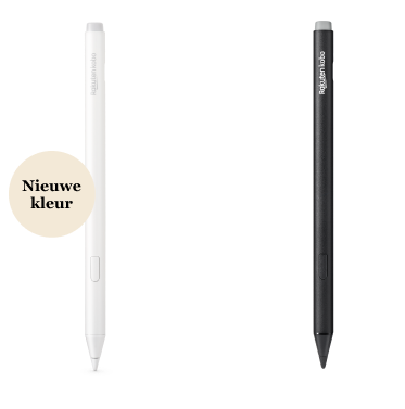 Een afbeelding van zowel de zwarte als de nieuwe witte versies van de Kobo Stylus 2, met de ingebouwde gum, de markeerknop en de gladde schrijfpunt.