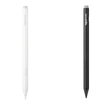 Een afbeelding van zowel de zwarte als de nieuwe witte versies van de Kobo Stylus 2, met de ingebouwde gum, de markeerknop en de gladde schrijfpunt.