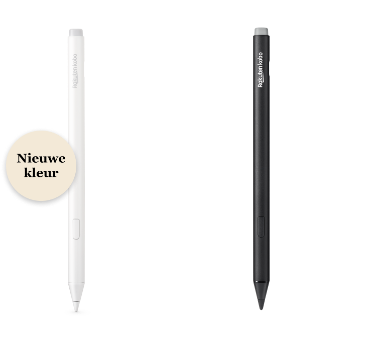 Een afbeelding van zowel de zwarte als de nieuwe witte versies van de Kobo Stylus 2, met de ingebouwde gum, de markeerknop en de gladde schrijfpunt.