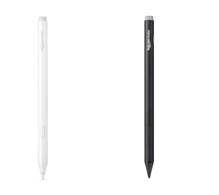 Een afbeelding van zowel de zwarte als de nieuwe witte versies van de Kobo Stylus 2, met de ingebouwde gum, de markeerknop en de gladde schrijfpunt.
