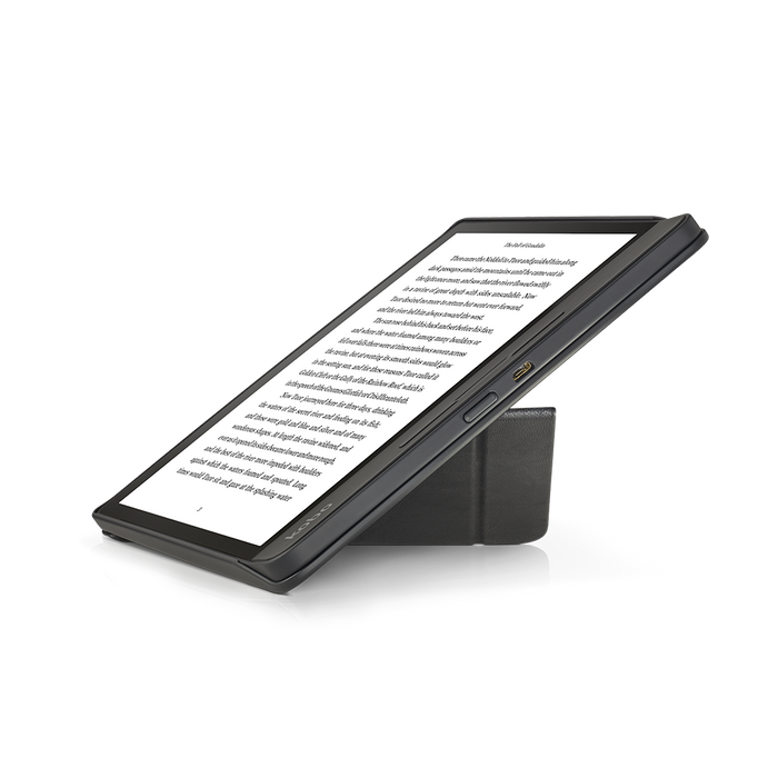 Kobo Forma in portrait with black SleepCover folded into a stand